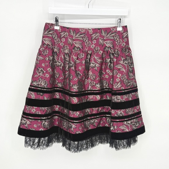 Nanette Lepore Dresses & Skirts - Nanette Lepore Women's Size 4‎ Jacquard Floral Velvet Lace Trim Skirt Burgundy